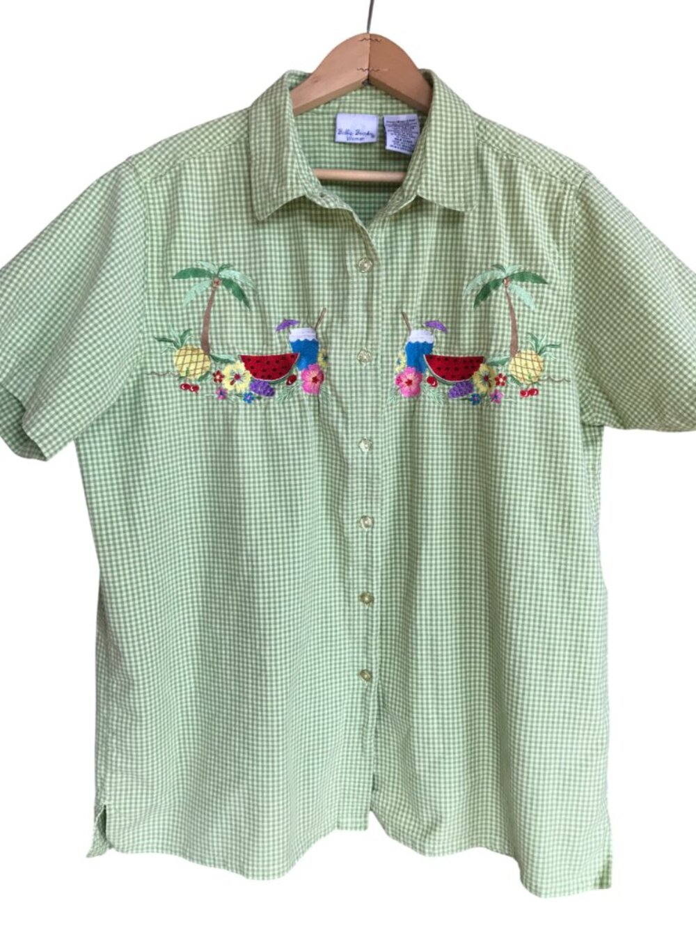 Bobbie Brooks Embroidered Gingham Shirt, Lime Fruity Beach Design Size 18W/20W